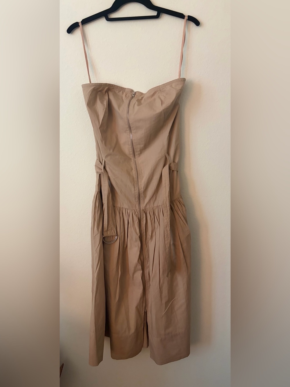 Love The Label Anthropologie Strapless Khaki Midi Dress Smocked Back Tie Belt M - Picture 4 of 8